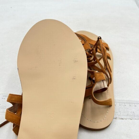 YDN Women  Knee High Lace up Flats Fringe Low Heel Gladiator Strap Sandals Brown - Picture 6 of 8